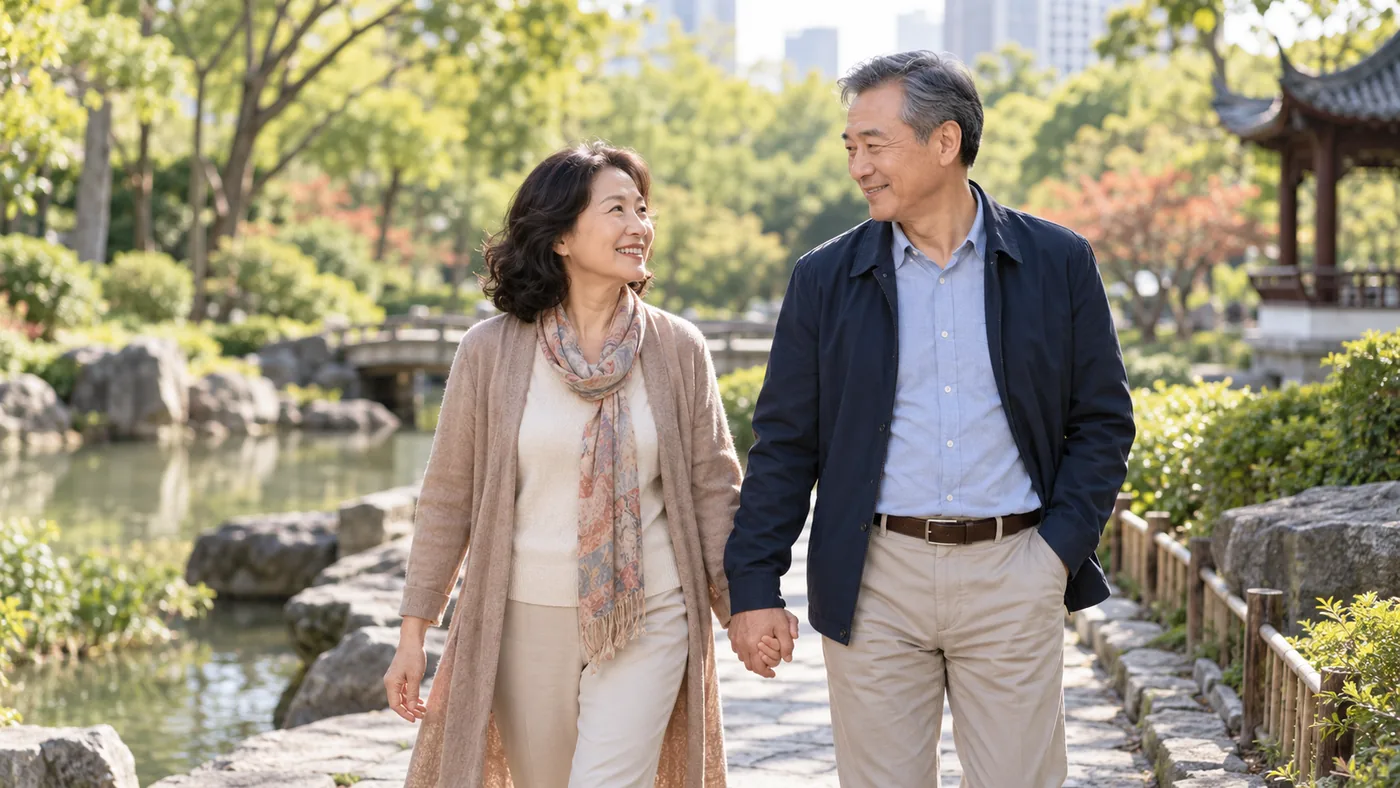 Mature East Asian couple walking together in a garden — Asian Senior Dating Over 50 for a Shared Future