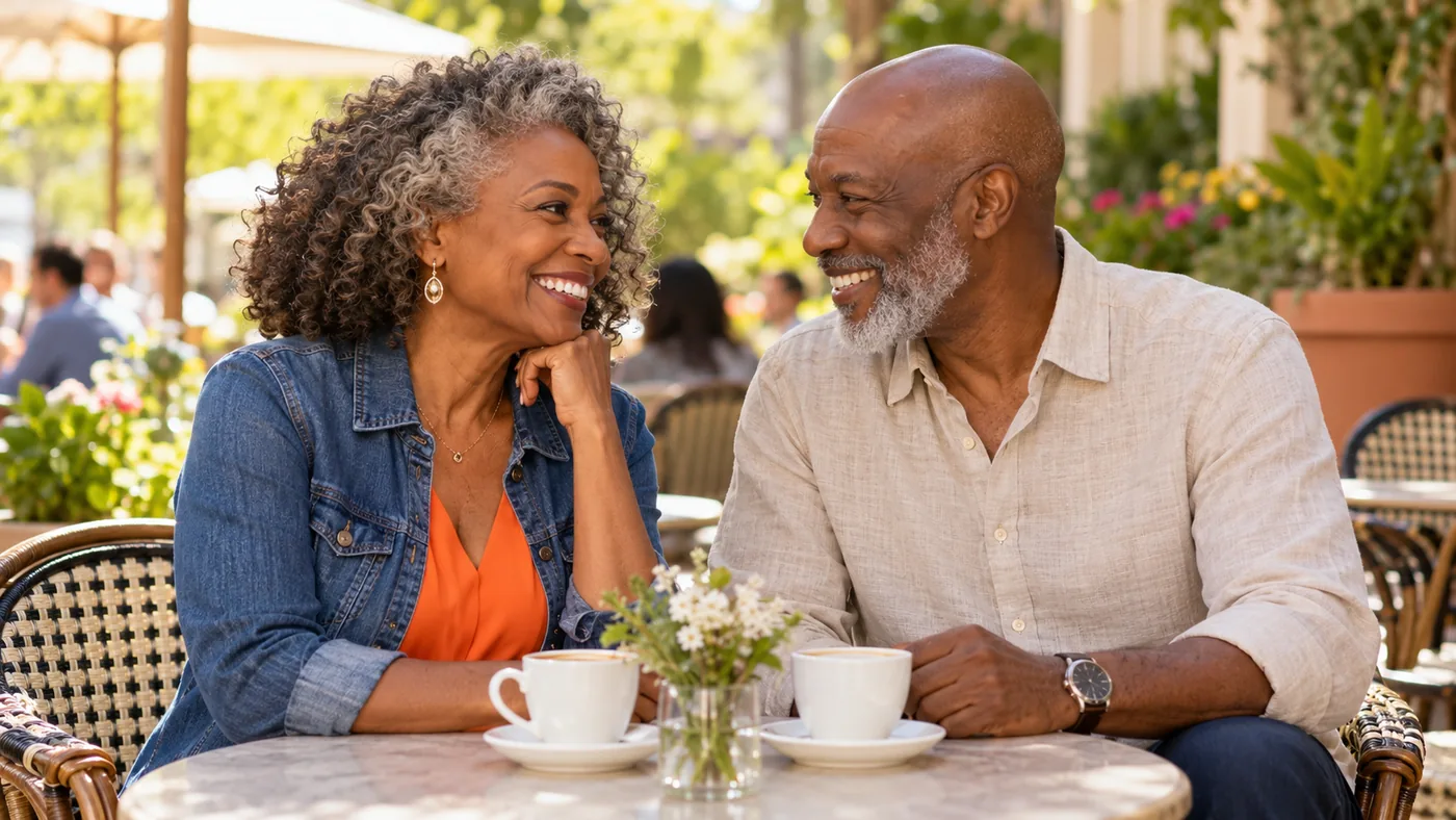 Older Black couple sharing a cafe conversation — Black Senior Dating Over 50 With Cultural Connection