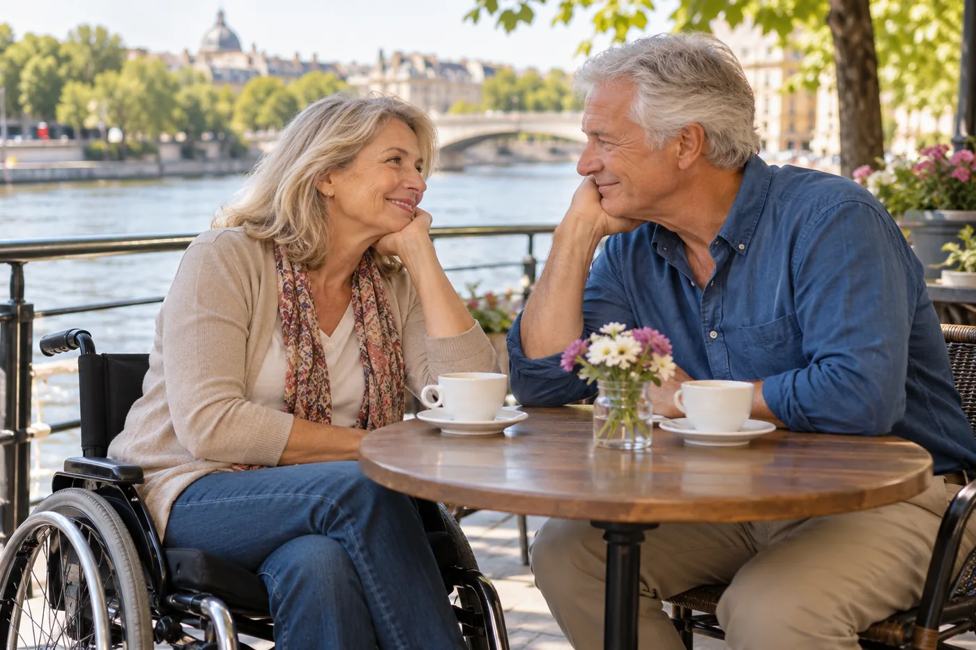 Older woman using a wheelchair enjoying a riverside cafe with a man — Senior Dating With Disabilities for Equal Partnership