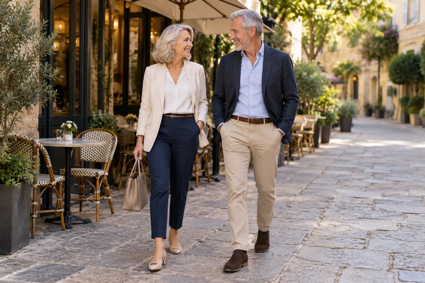 Mature woman and man wearing smart casual clothes outside a cafe — What to Wear on a Senior First Date