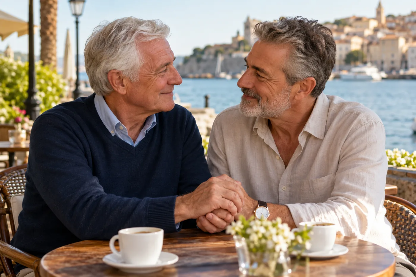 Two mature men holding hands over coffee beside the water — Gay Senior Dating for Men Over 50 Ready to Connect