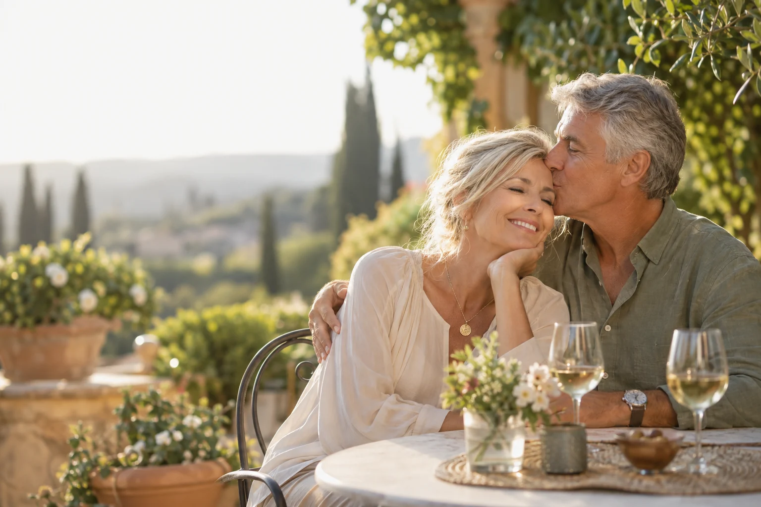 Affectionate mature couple sharing a quiet romantic moment at a garden cafe