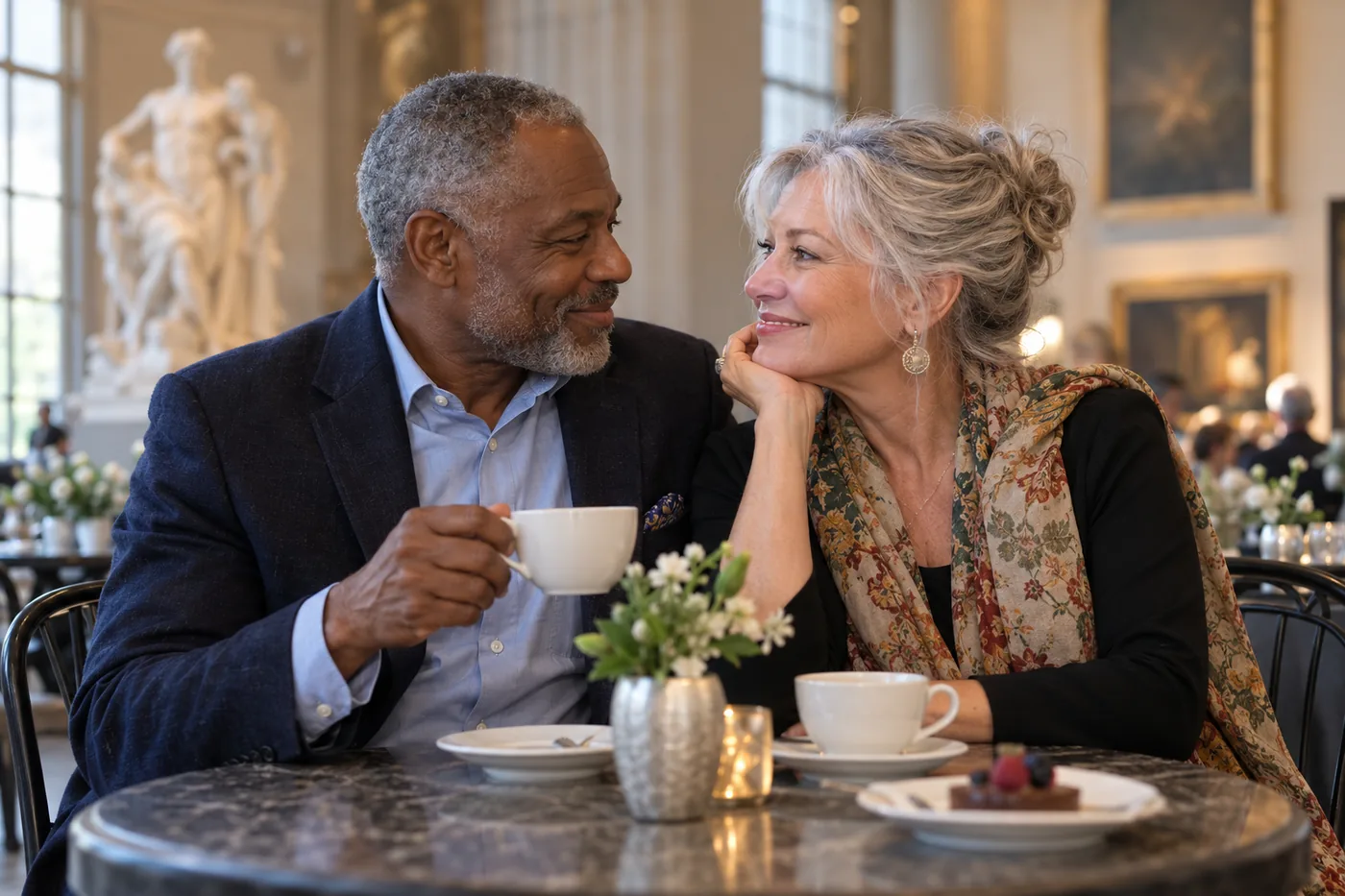 Mature Black man and white woman smiling at a museum cafe — Interracial Senior Dating Over 50 for Equal Partnership