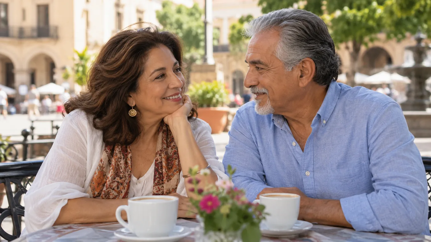 Mature couple smiling across a plaza cafe table — Latino Senior Dating Over 50 for Romance and Companionship