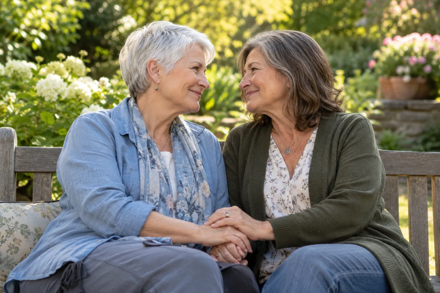Two older women holding hands on a garden bench — Lesbian Senior Dating for Women Ready for Romance