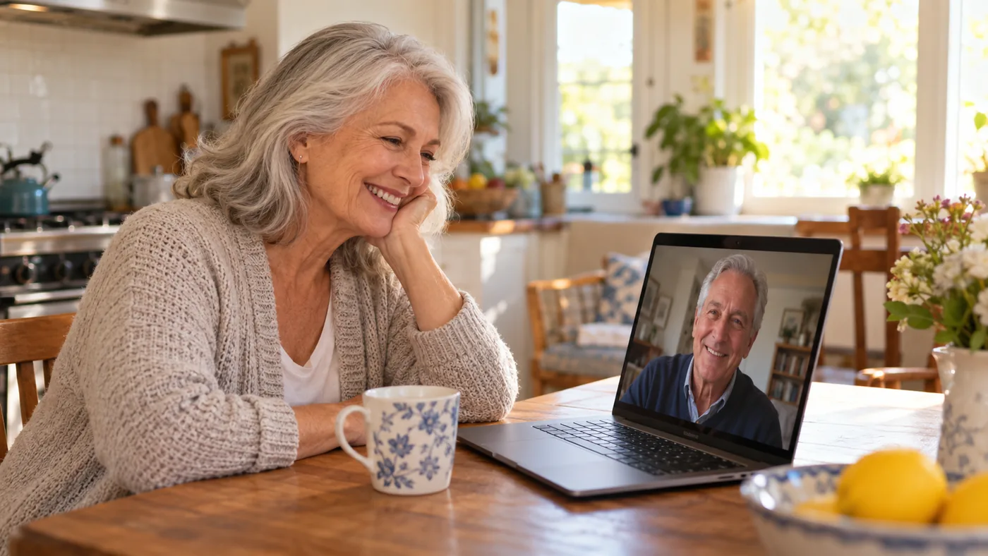 Older woman smiling during a laptop video call with a man — Long-Distance Senior Dating: Make the Logistics Tell the Truth