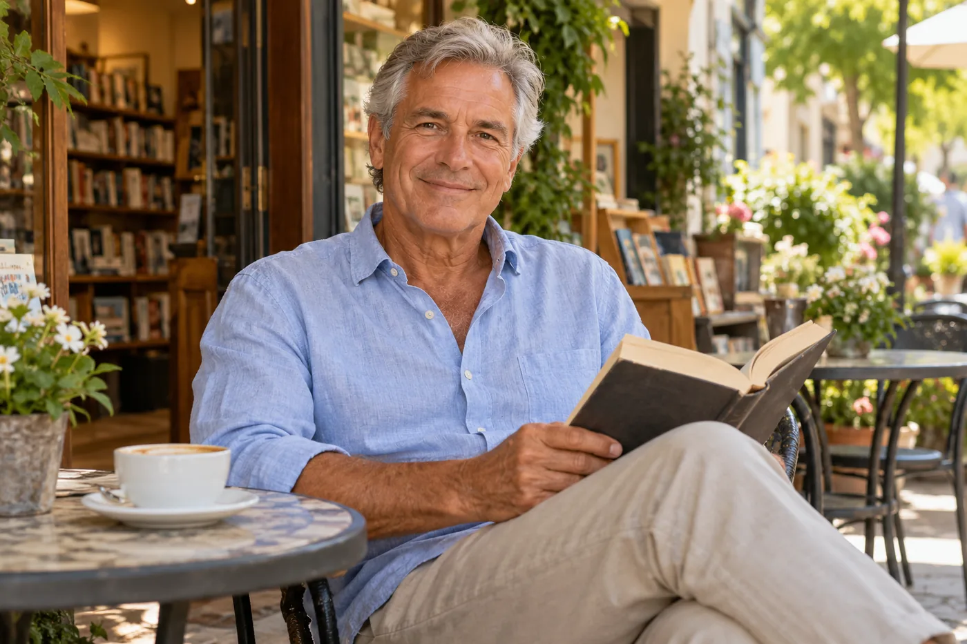 Mature man enjoying a book at a cafe — Senior Dating for Men Over 50 Ready for Partnership