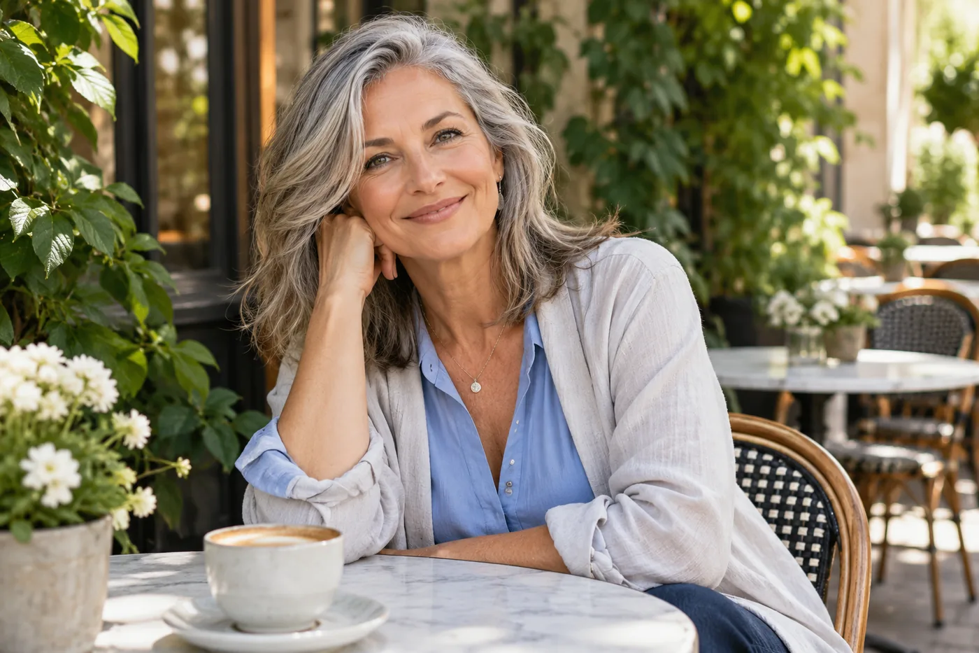 Mature woman smiling at a leafy outdoor cafe — Senior Dating for Women Over 50 With More to Share