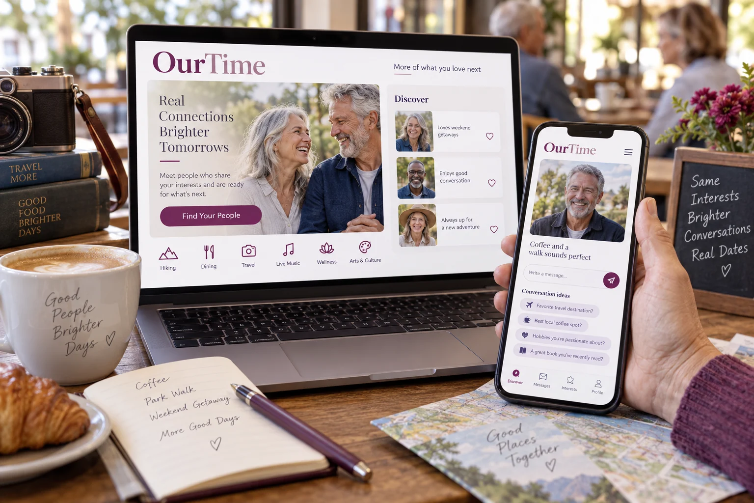Illustrative OurTime website and mobile app experience in plum and rose