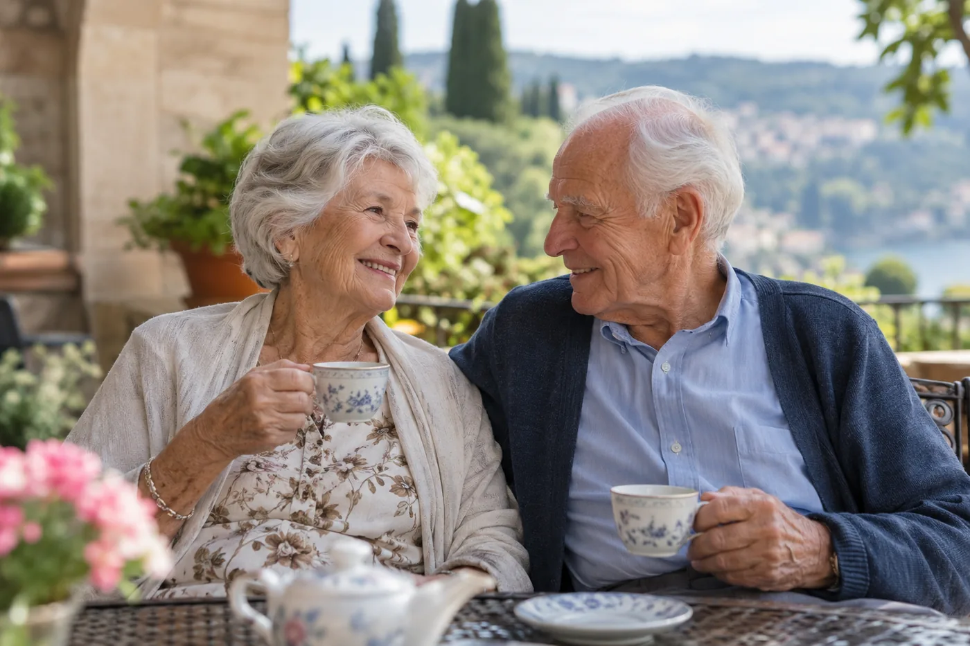 Elderly couple smiling together over tea on a terrace — Dating Over 80: Meet Singles for Romance and Company