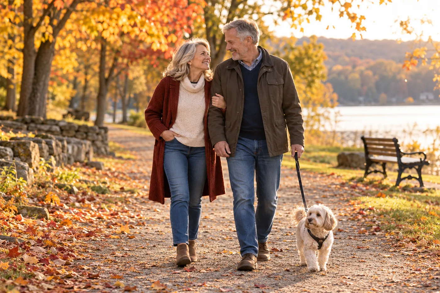 Mature couple walking a small dog along an autumn path — Senior Dating for Pet Lovers Who Want a Partner