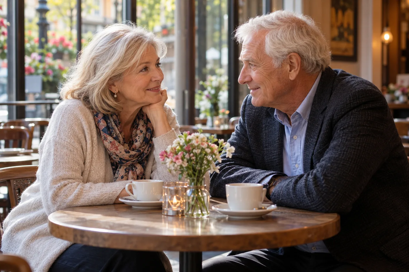 Older couple talking at a quiet window table — Senior Dating for Introverts Who Want a Compatible Partner