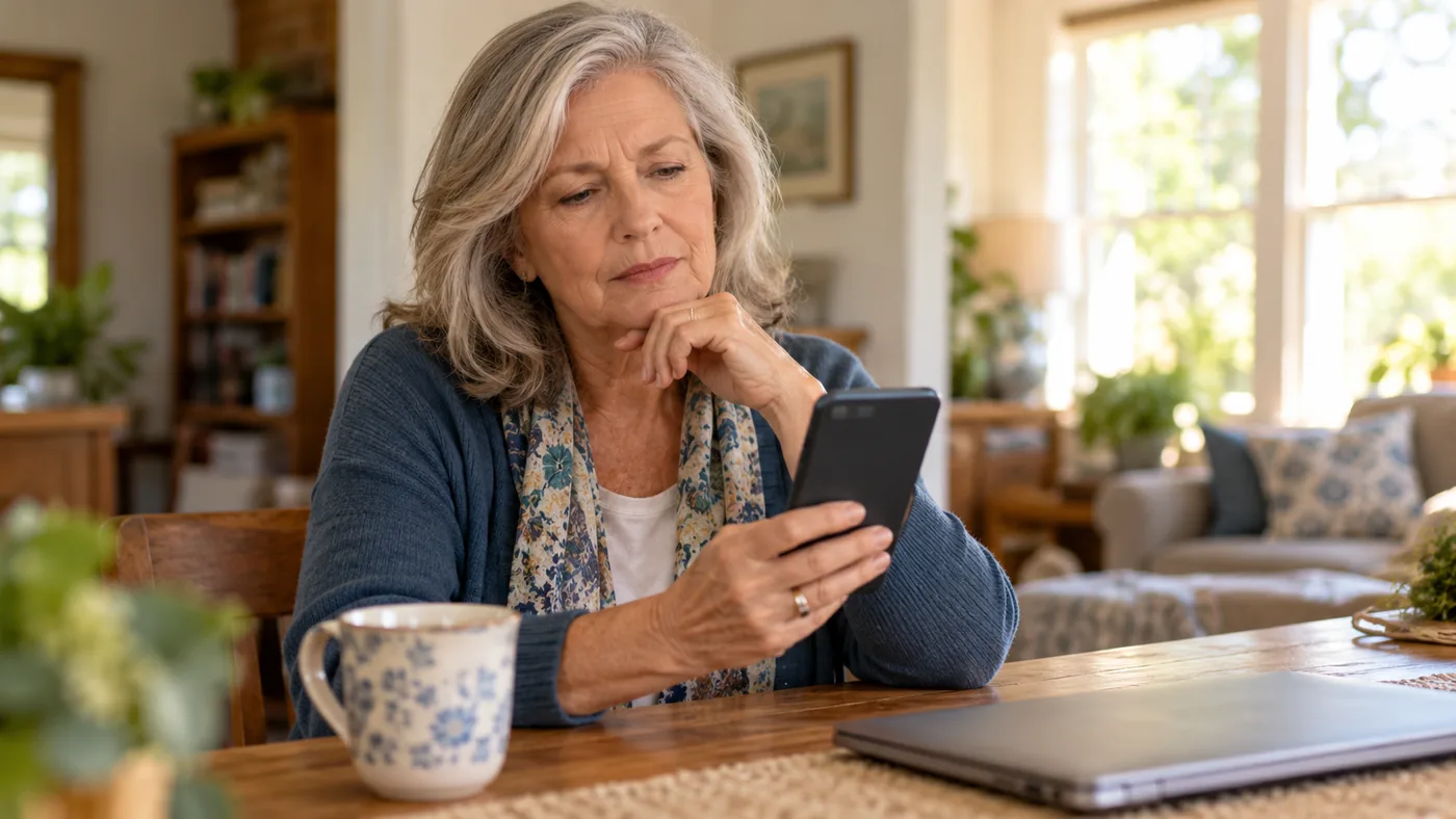 Older woman pausing to consider a message on her phone — Senior Dating Scams: Recognize the Pattern Before Money Moves