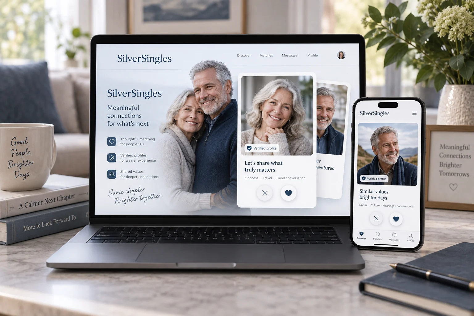 Illustrative SilverSingles website and mobile app experience in blue and silver