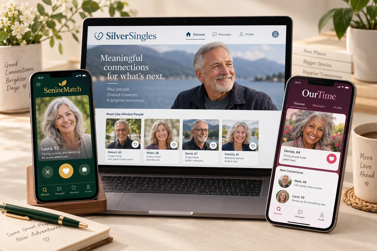 Illustrative comparison of SeniorMatch SilverSingles and OurTime on laptop and phone screens